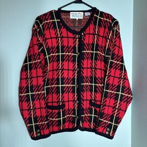Vintage Tally-Ho Sweater Womens Large Red Black Plaid Knit Cardigan 80s 90s Y2K